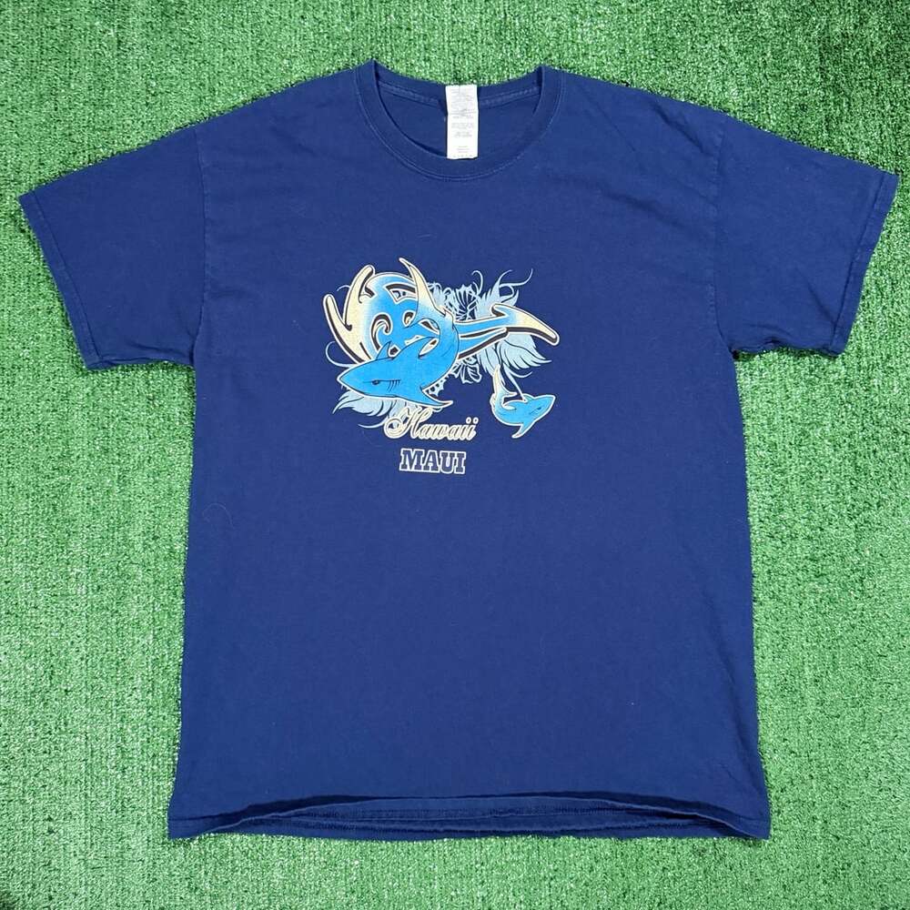 Y2K Gildan Hawaii Maui Shark Graphic T-Shirt Size Large Blue Cotton Tee